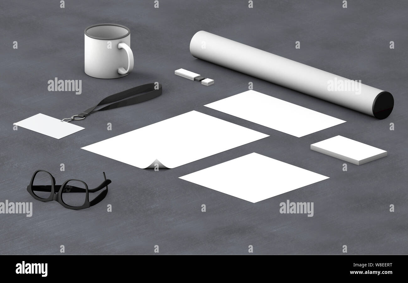 Blank corporate stationery on dark grey concrete background. Branding mock up for presentations and business portfolios. 3d rendering Stock Photo