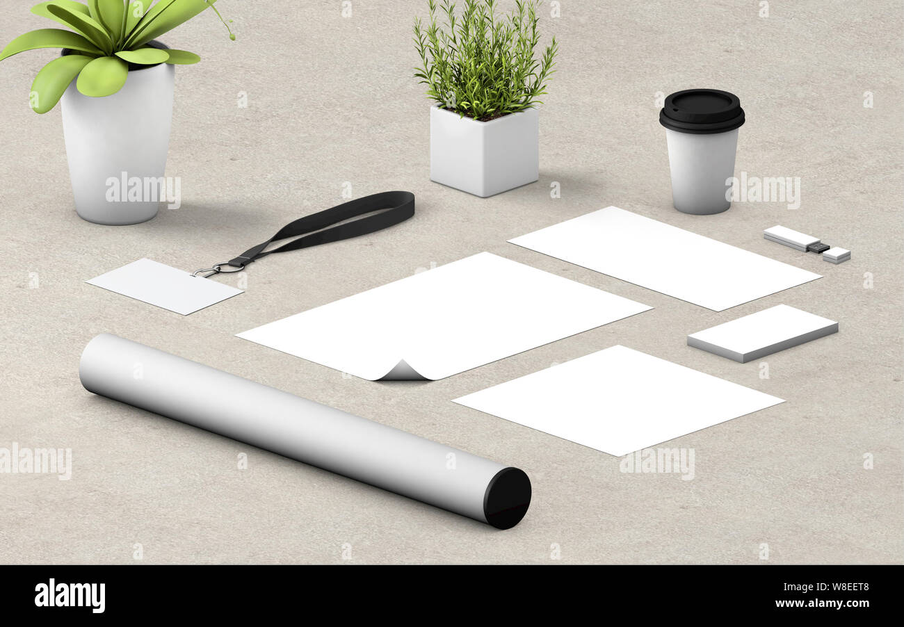 Blank corporate stationery on stone background. Branding mock up for presentations and business portfolios. 3d rendering Stock Photo
