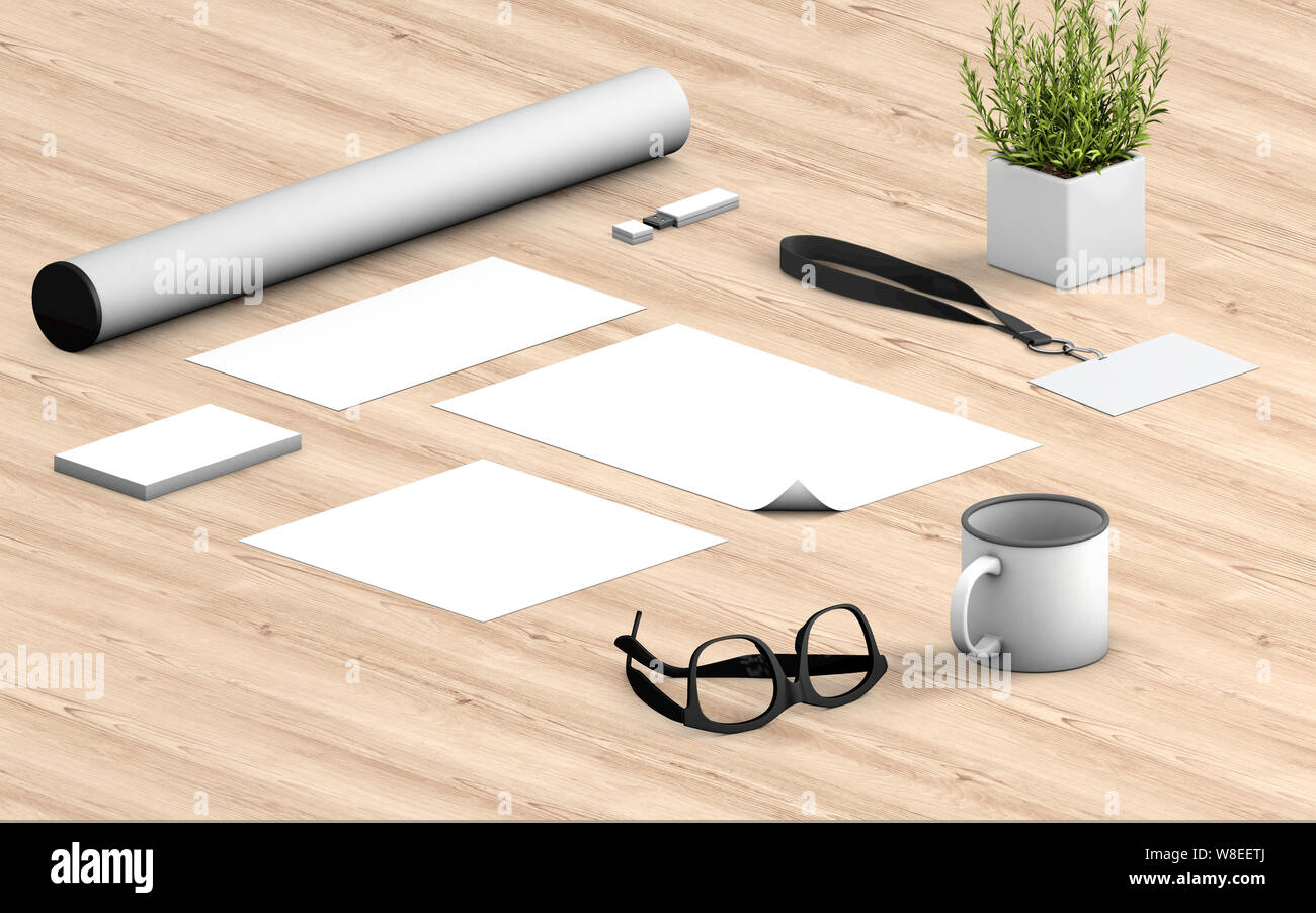 Blank corporate stationery on wood table background. Branding mock up for presentations and business portfolios. 3d rendering Stock Photo
