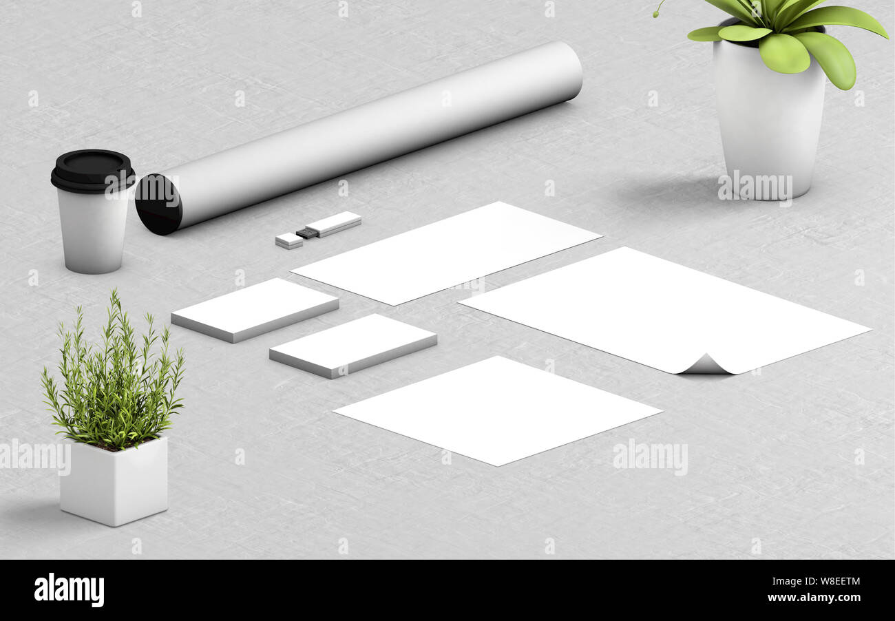 Blank corporate stationery on concrete background. Branding mock up for presentations and business portfolios. 3d rendering Stock Photo