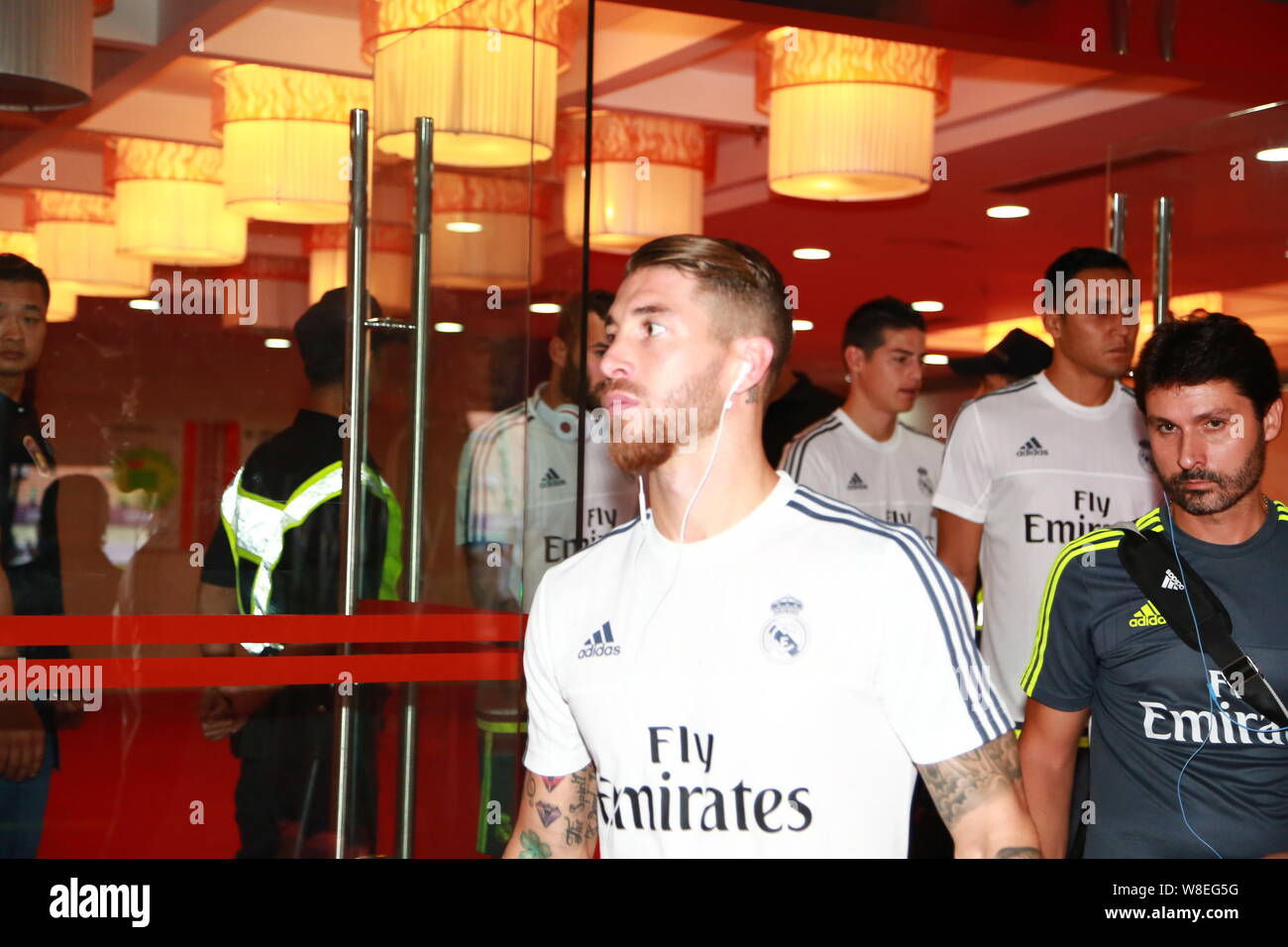 Sergio Ramos of Real Madrid arrives for a soccer match between Real Madrid and Inter Milan during the 2015 International Champions Cup China in Guangz Stock Photo