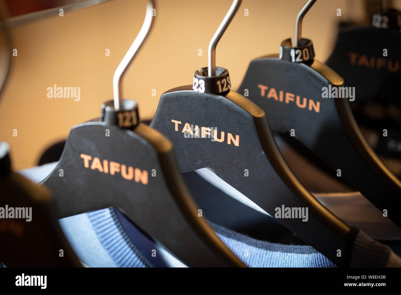 Halle, Germany. 09th Aug, 2019. Clothing of the German fashion company  Gerry Weber, with the brand Taifun, hangs on hangers on a clothes rack.  Credit: Friso Gentsch/dpa/Alamy Live News Stock Photo -