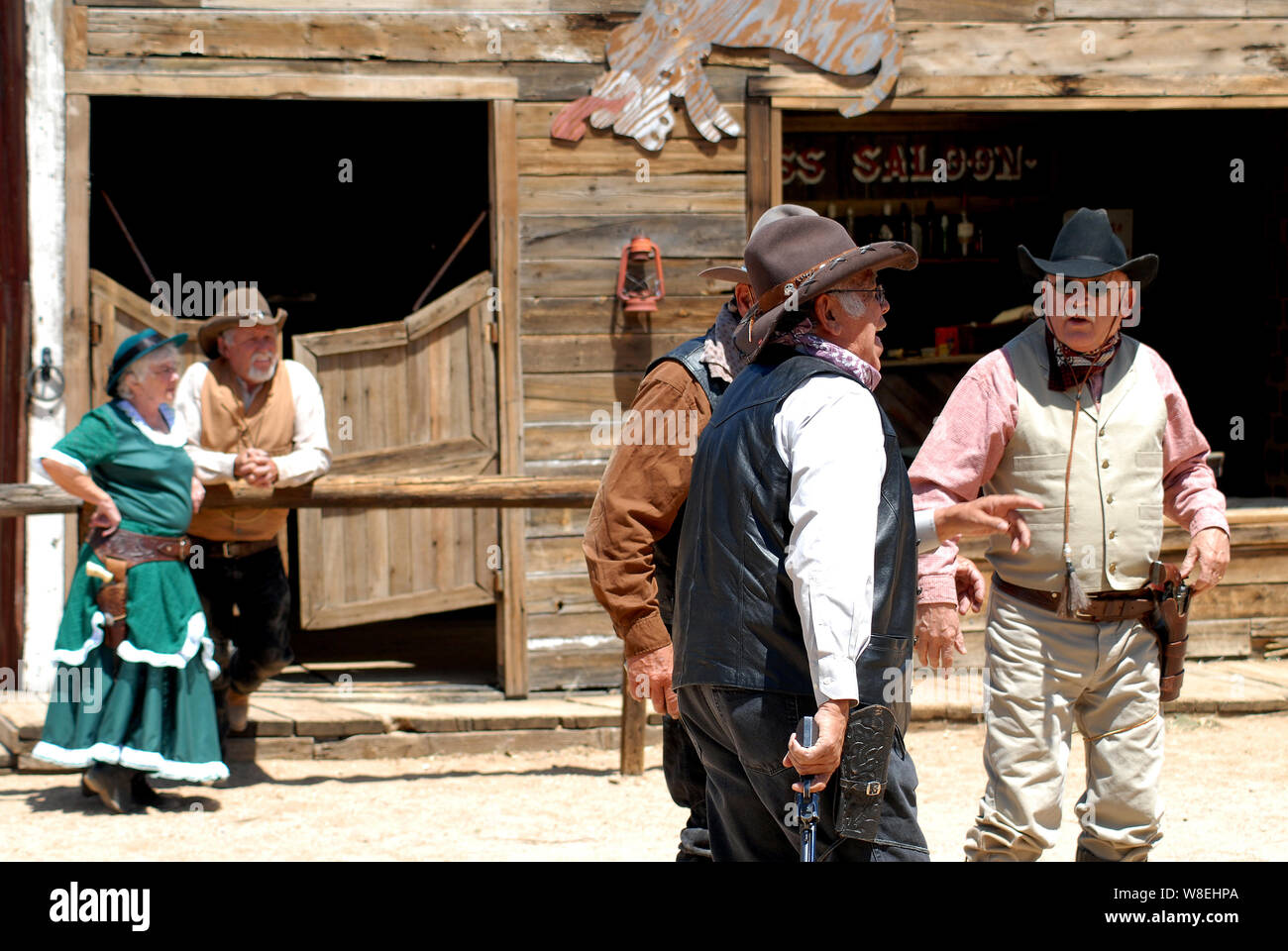 Editorial Only- The tiny, historic mining town of Chloride, Arizona puts on a mock Western shoot out twice a month using their old buildings. Stock Photo