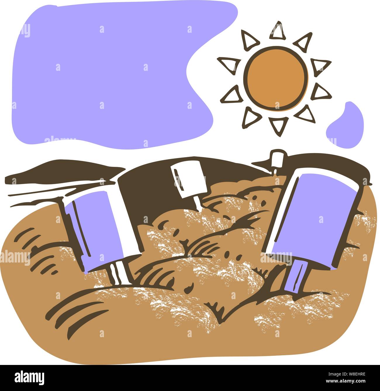 Garden labels along a small dirt garden with hills sun & sky behind done in a loose flat color style Stock Vector