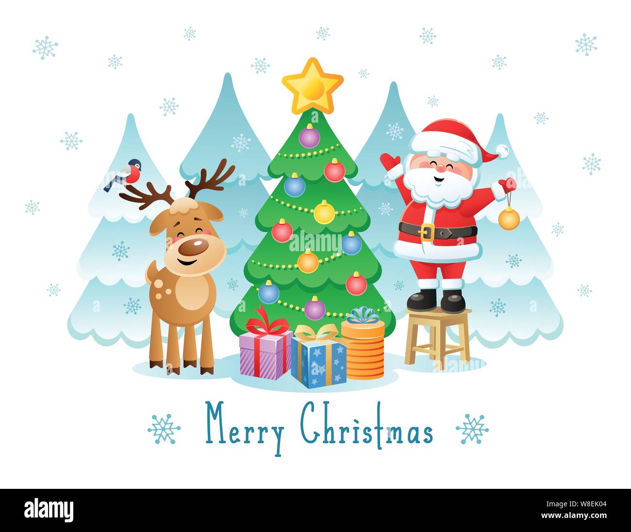 Merry Christmas. Greeting card with funny Santa Claus, Deer and Bullfinch. Vector illustration 