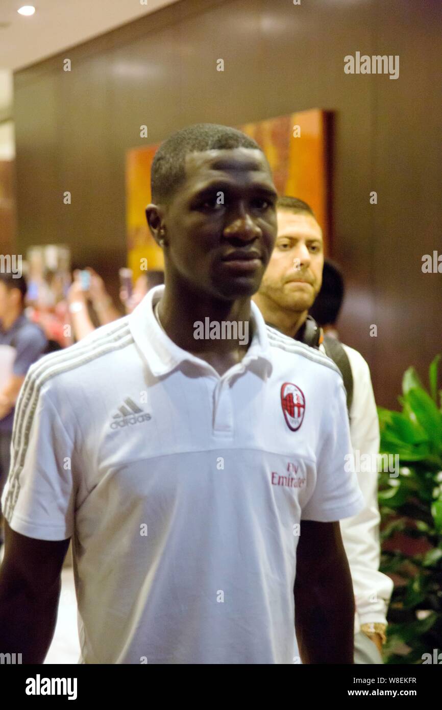 Cristian Eduardo Zapata Valencia, front, and Jeremy Menez of AC Milan arrive at the Shanghai Pudong International Airport in Shanghai, China, 22 July Stock Photo