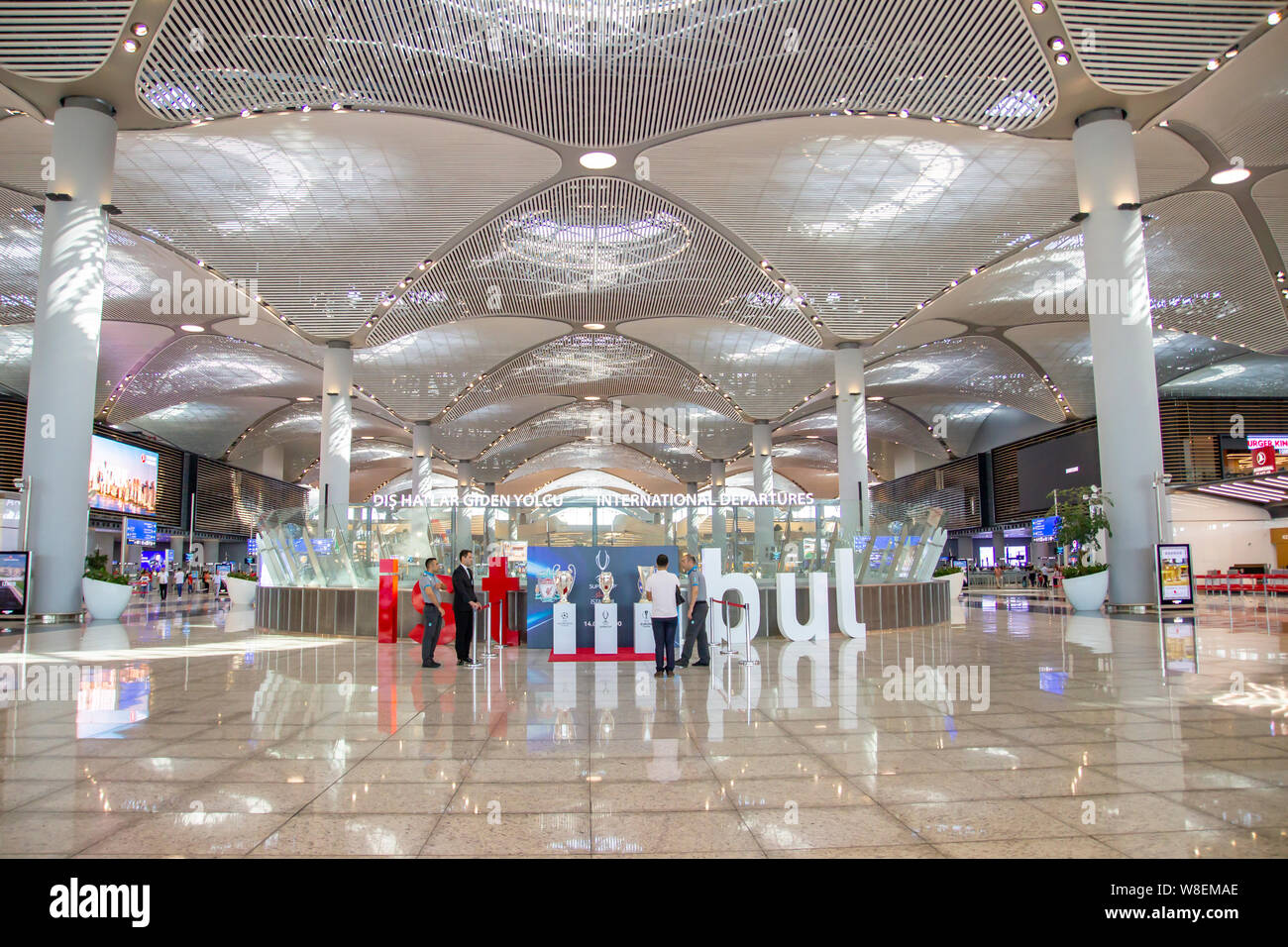 ISTANBUL,TURKEY, AUGUST 07, 2019: Interior view of the Istanbul new airport. New Istanbul Airport is the main international airport. Uefa cups exhibit Stock Photo