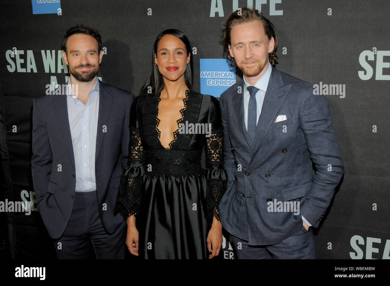 Charlie Cox (L), Zawe Ashton (C) and Tom HIddleston (R) attend the 'Sea Wall / A Life' Broadway Opening Night at the Hudson Theater in New York. Stock Photo