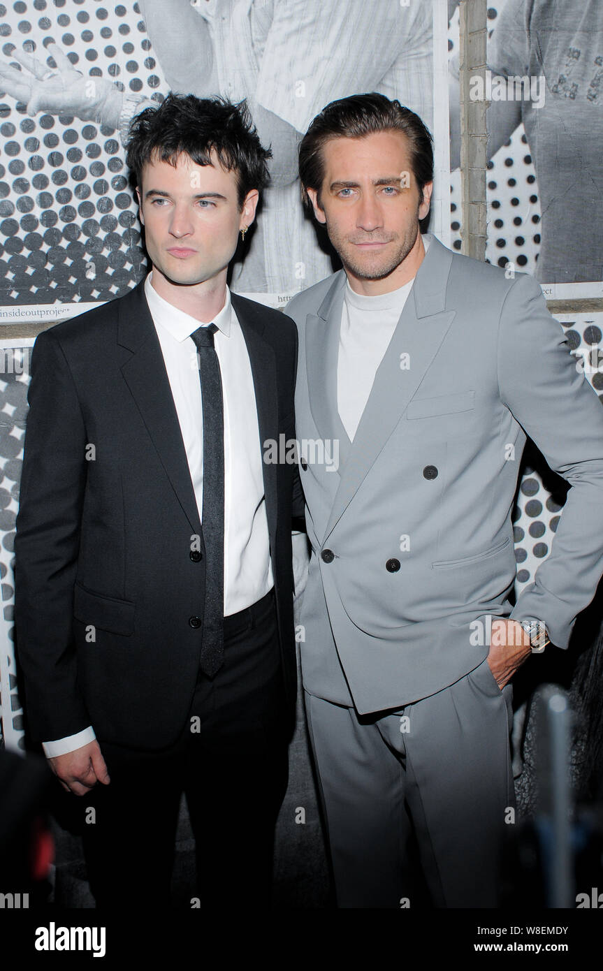 Tom Sturridge (L) and Jake Gyllenhaal attend the 'Sea Wall / A Life' Broadway Opening Night at the Hudson Theater in New York. Stock Photo
