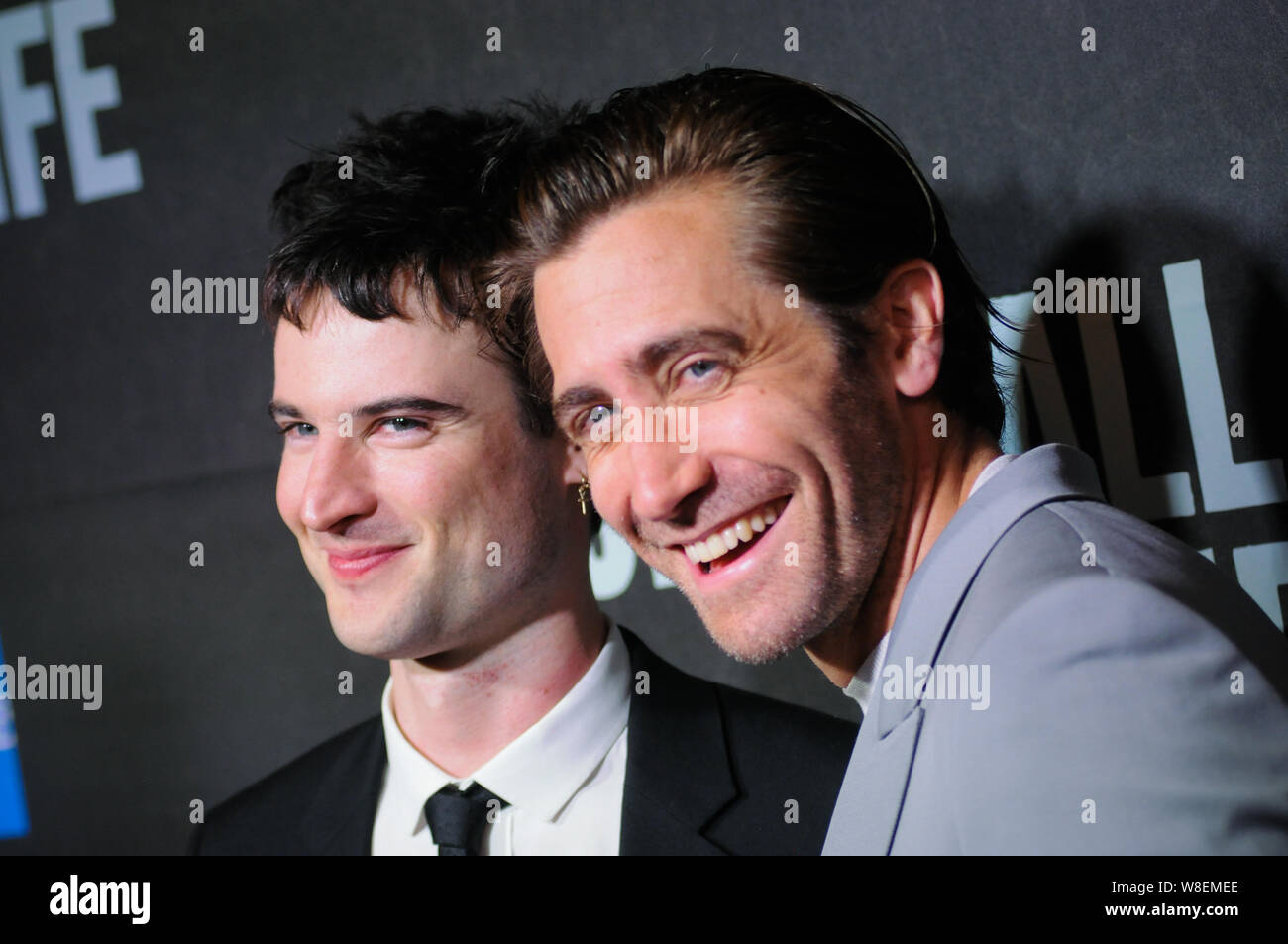 Tom Sturridge (L) and Jake Gyllenhaal attend the 'Sea Wall / A Life' Broadway Opening Night at the Hudson Theater in New York. Stock Photo