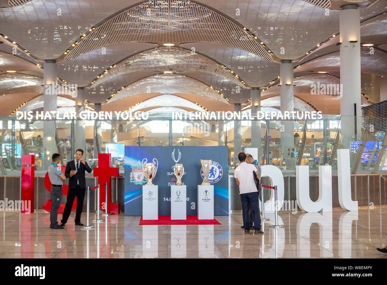 ISTANBUL,TURKEY, AUGUST 07, 2019: Interior view of the Istanbul new airport. New Istanbul Airport is the main international airport. Uefa cups exhibit Stock Photo