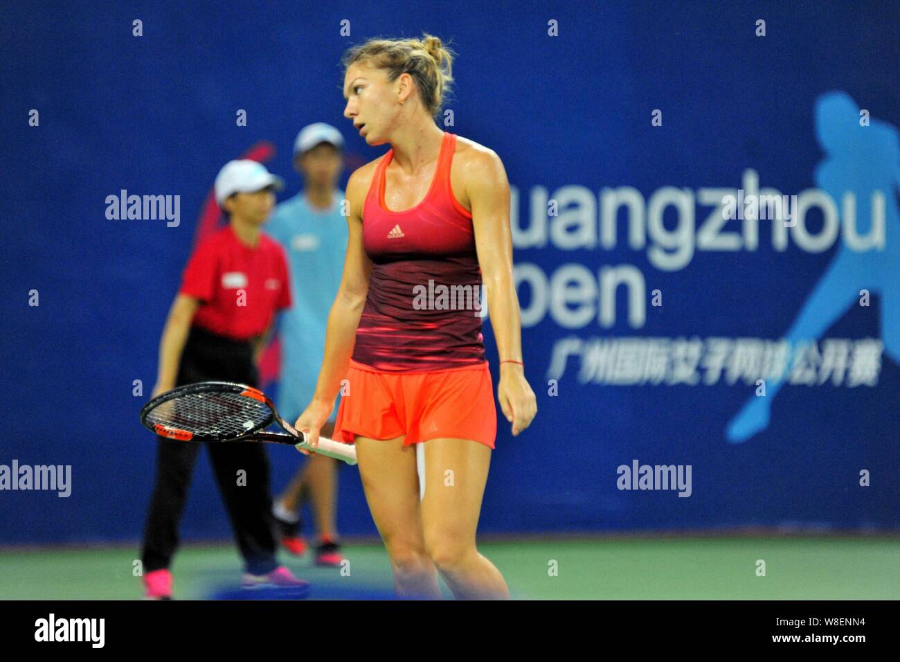 Simona Halep of Romania reacts after losing scores to Denisa Allertova of Czech Republic in their quarterfinal match of the womens singles during the Stock Photo