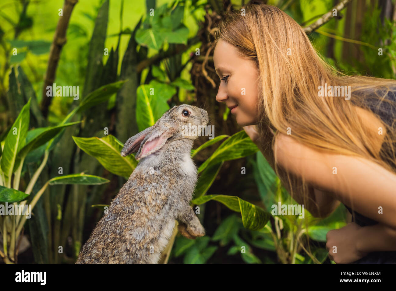Woman holding a rabbit. Cosmetics test on rabbit animal. Cruelty free ...