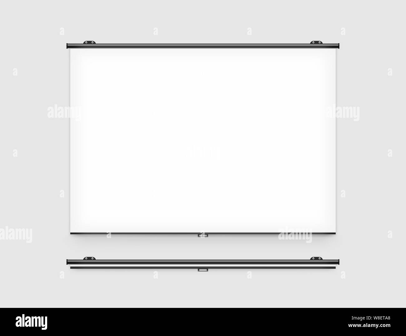 Blank projector screen mockup on the wall. Projector display mock up. Projection presentation clear monitor on wall. Slide show front design. Slideshow billboard banner frame. Projection background. Stock Photo