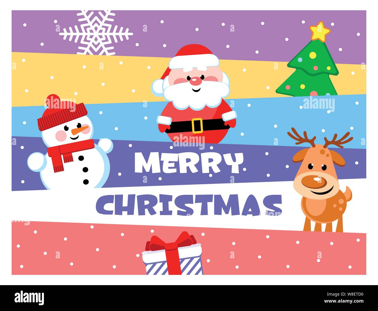 Merry Christmas. Greeting card with funny cartoon characters. Santa Clause, Snowman, Reindeer. Flat design. Vector illustration. Stock Vector