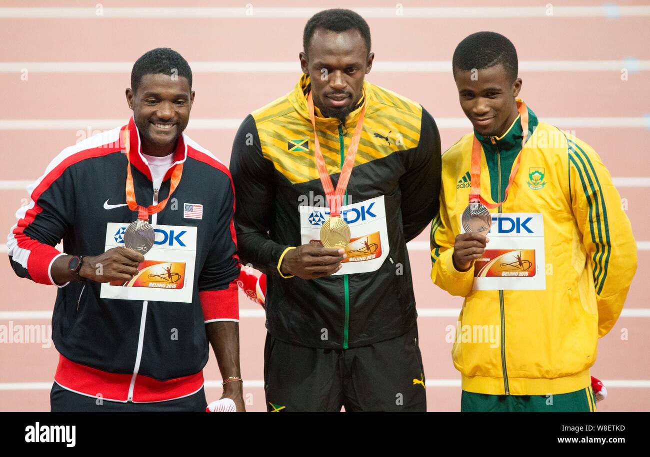 (From left) Silver medalist Justin Gatlin of the United States, gold ...