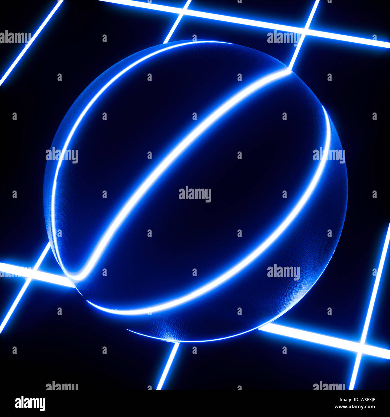 3D rendering of single blue neon basketball ball not moving on top of