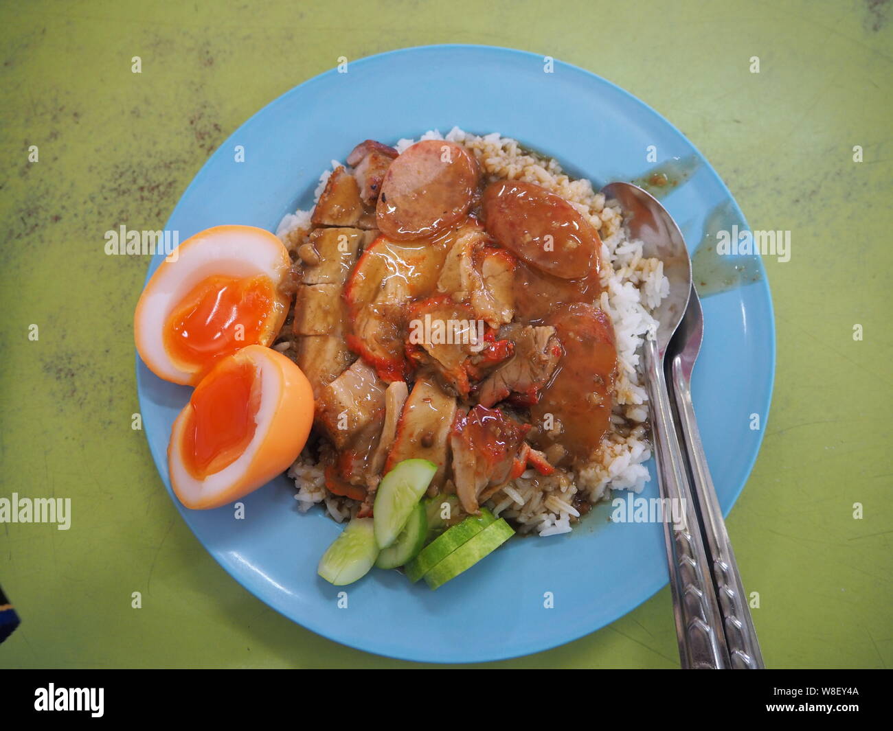 khao moo daeng, Rice with Thai BBQ pork Stock Photo
