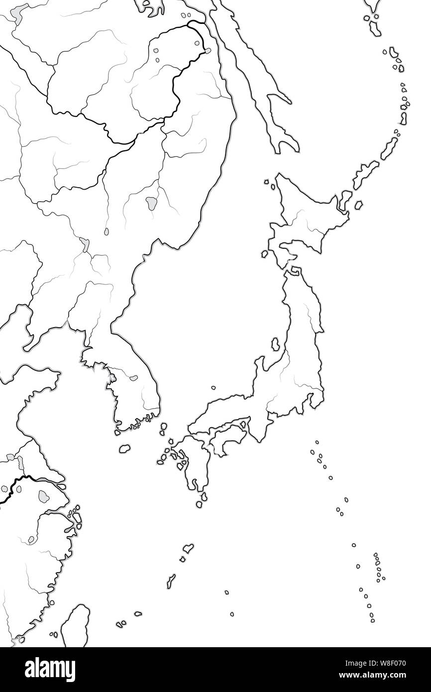 World Map of JAPANESE Archipelago: «Land of The Rising Sun» Japan (Nippon/Nihon), and its islands: Honshu, Hokkaido, Kyushu, Shikoku, and Ryukyu isles Stock Photo