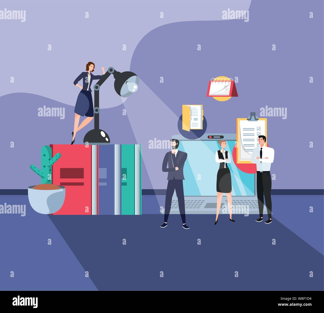 mini business people with laptop in the workplace vector illustration ...