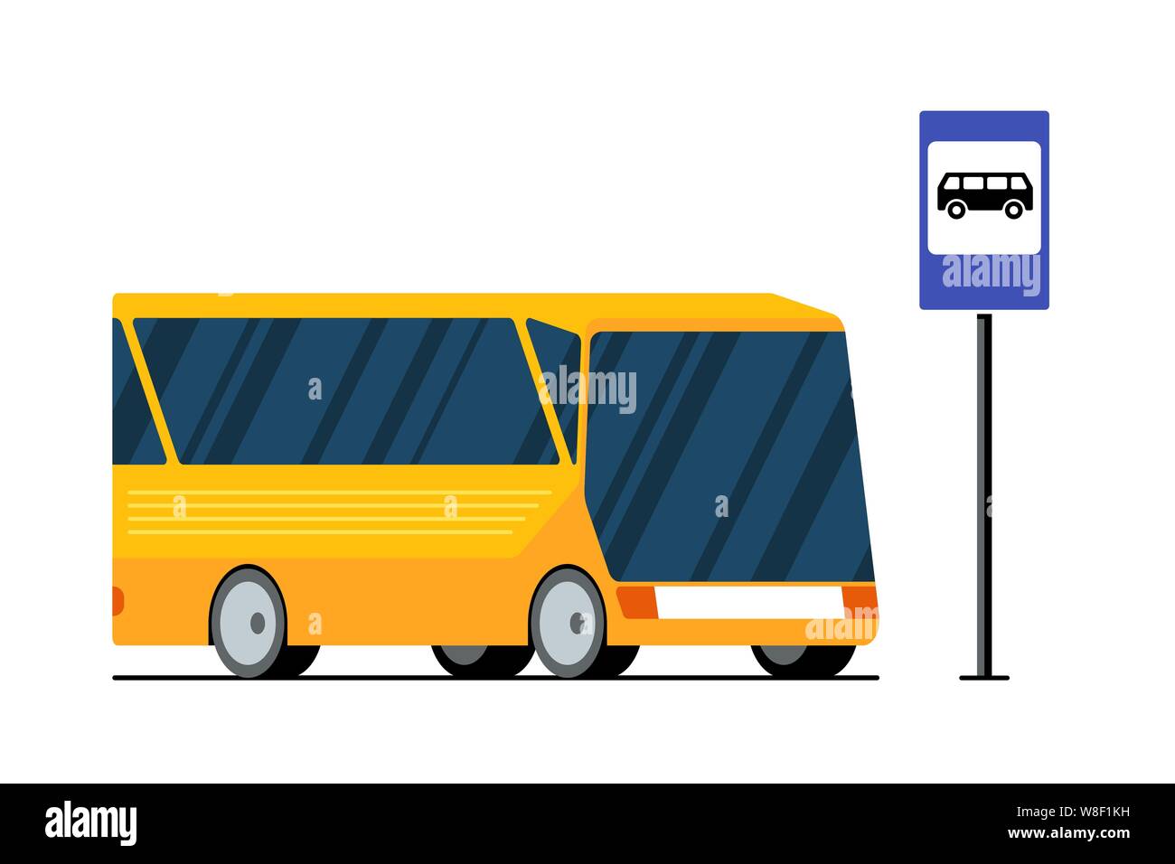 Yellow modern city transport bus on road near bus stop station sign. Vector isolated flat illustration for passenger transportation traffic service vehicle Stock Vector