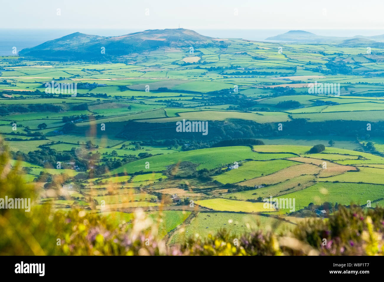 View from Carn Fadryn on the Lleyn ( Llyn) Peninsula in Gwynnedd , North Wales. Rhiw in distance Stock Photo