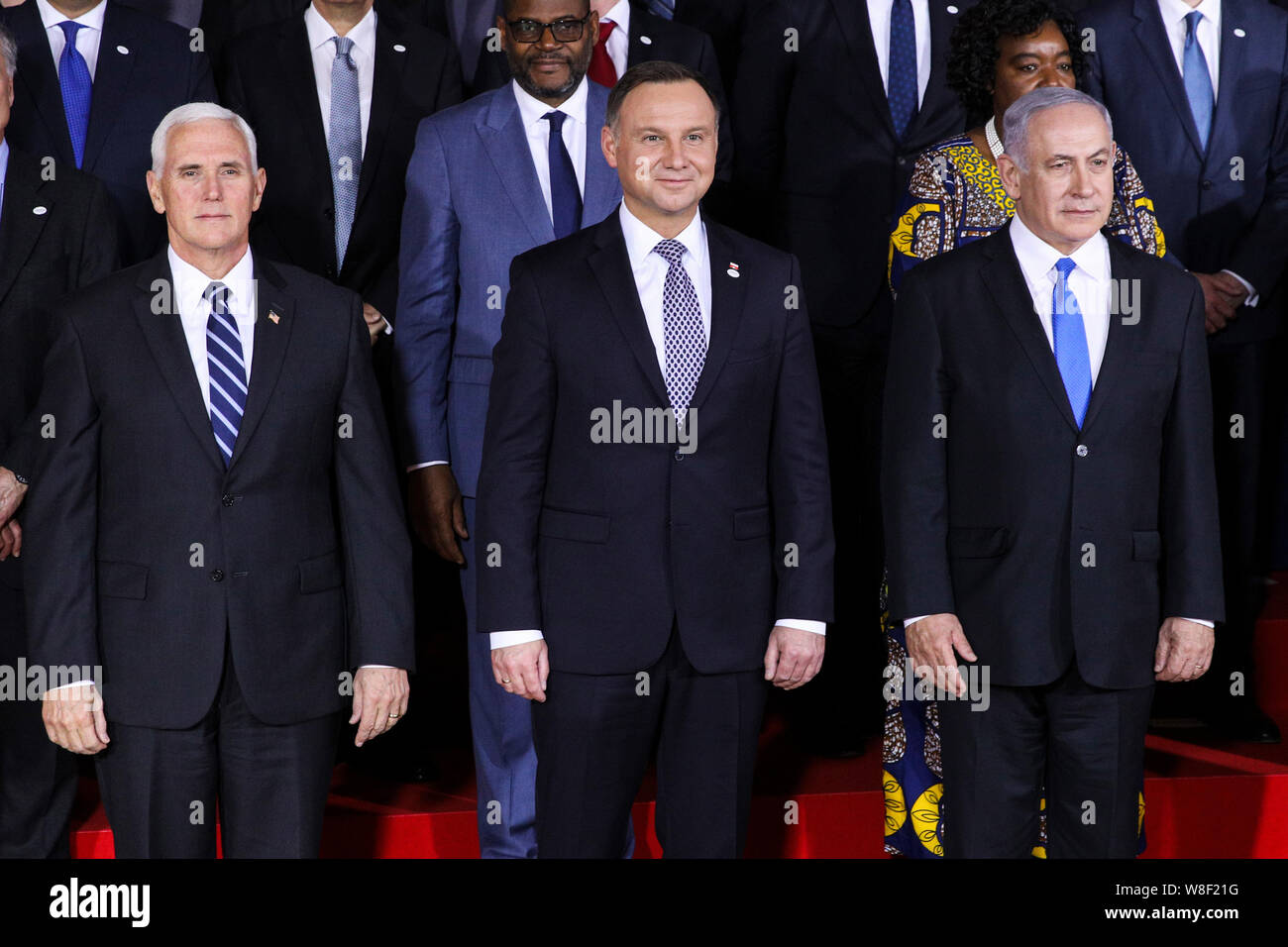 Warszawa, 13.02.2019. U.S. Vice President Mike Pence, Polish President  Andrzej Duda and Israeli Prime Minister Benjamin Netanyahu during the  family photo at the Middle East conference at the Royal Castle in Warsaw.