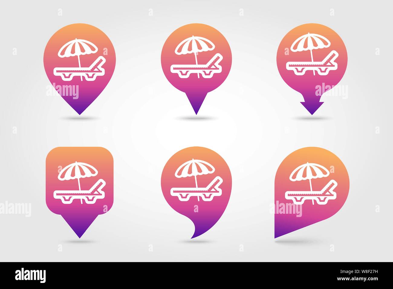 Beach chaise lounge with umbrella vector pin map icon. Map pointer ...