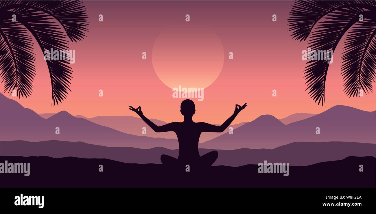 peaceful meditation at tropical red mountain landscape in purple colors vector illustration EPS10 Stock Vector