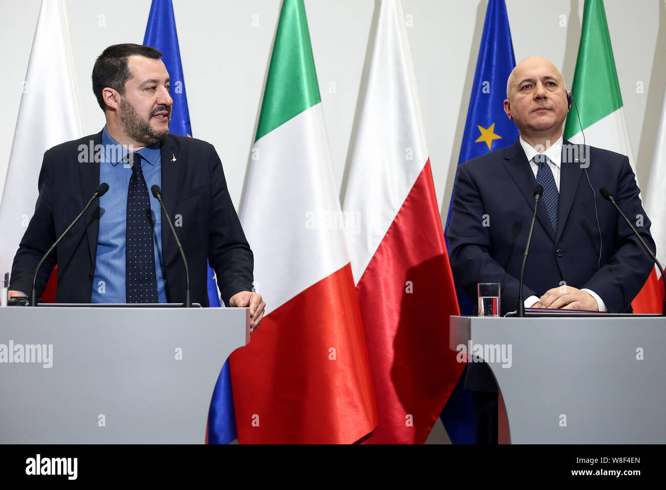 Italian Deputy Prime Minister Matteo Salvini and Polish Interior Minister Joachim Brudzinski attend a joint news conference in Warsaw, Poland January 9, 2019. Photo Michal Dyjuk / FORUM  # POLAND OUT # Stock Photo