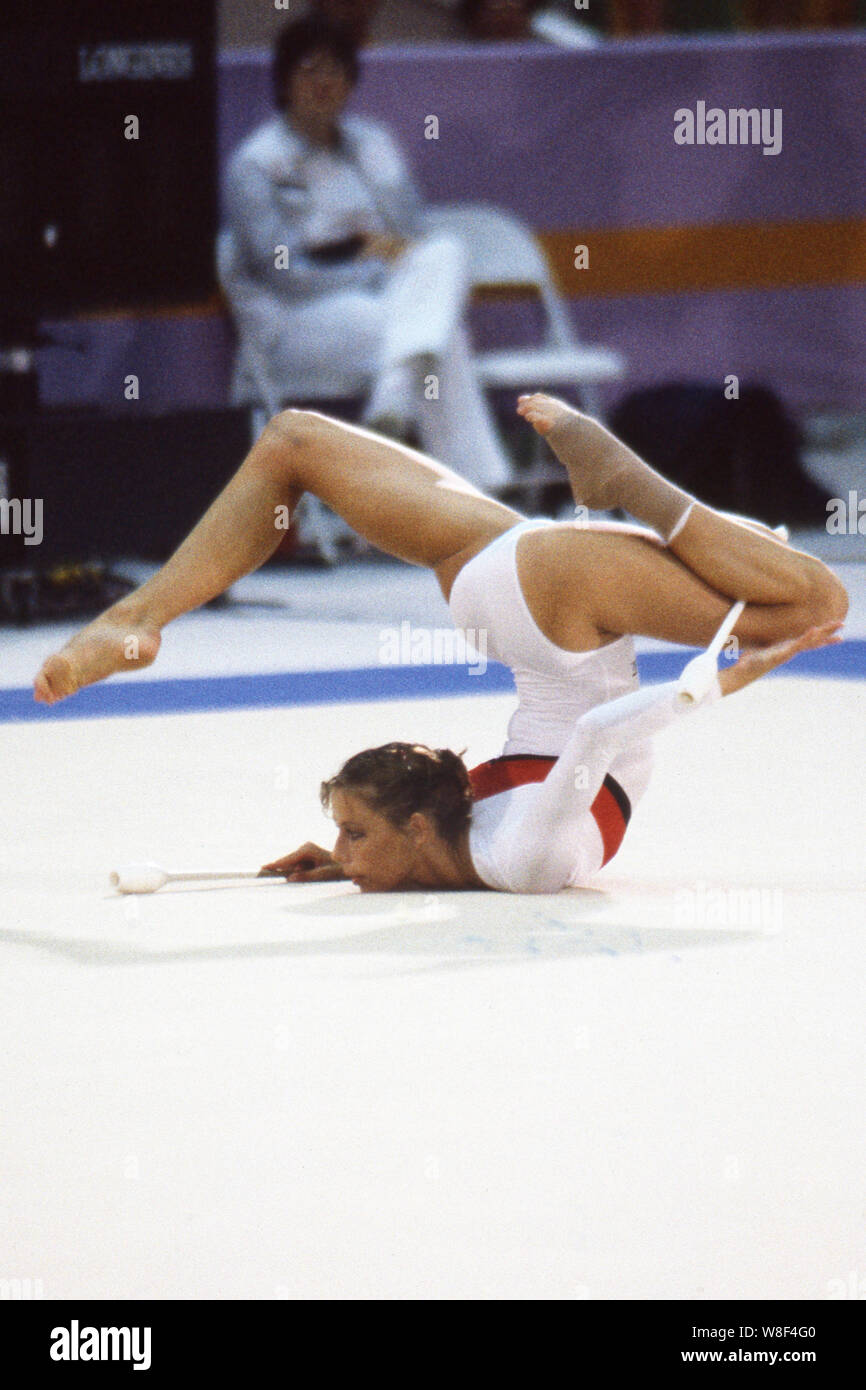 Regina WEBER, Germany, GER, Germany, Rhythmic Gymnastics, Action with the clubs, 3rd place, winner of the bronze medal, Games of the XXIII. Olympics Summer Games 1984 in Los Angeles USA from 28.07. until 12.08.1984. Regina Weber-Sane is the mother of footballer Leroy Sane, Â | usage worldwide Stock Photo