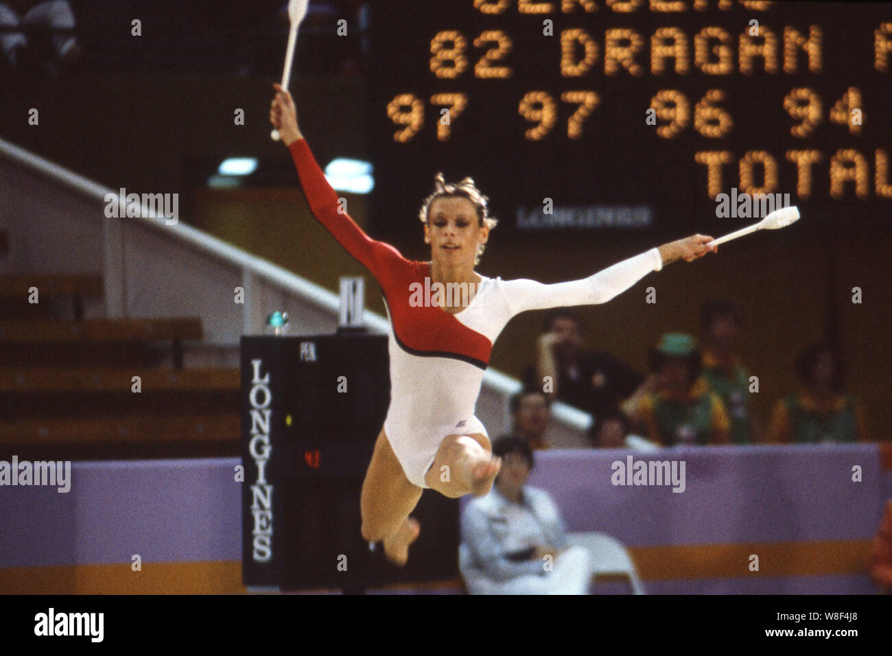 Regina WEBER, Germany, GER, Germany, Rhythmic Gymnastics, Action with the clubs, 3rd place, winner of the bronze medal, Games of the XXIII. Olympics Summer Games 1984 in Los Angeles USA from 28.07. until 12.08.1984. Regina Weber-Sane is the mother of footballer Leroy Sane, Â | usage worldwide Stock Photo