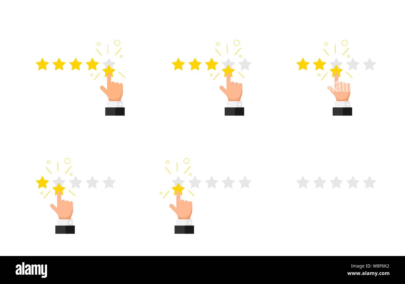 Feedback reputation quality customer review concept flat style set. Businessman hand finger pointing five four three two one zero golden star rating. Vector satisfaction illustration Stock Vector