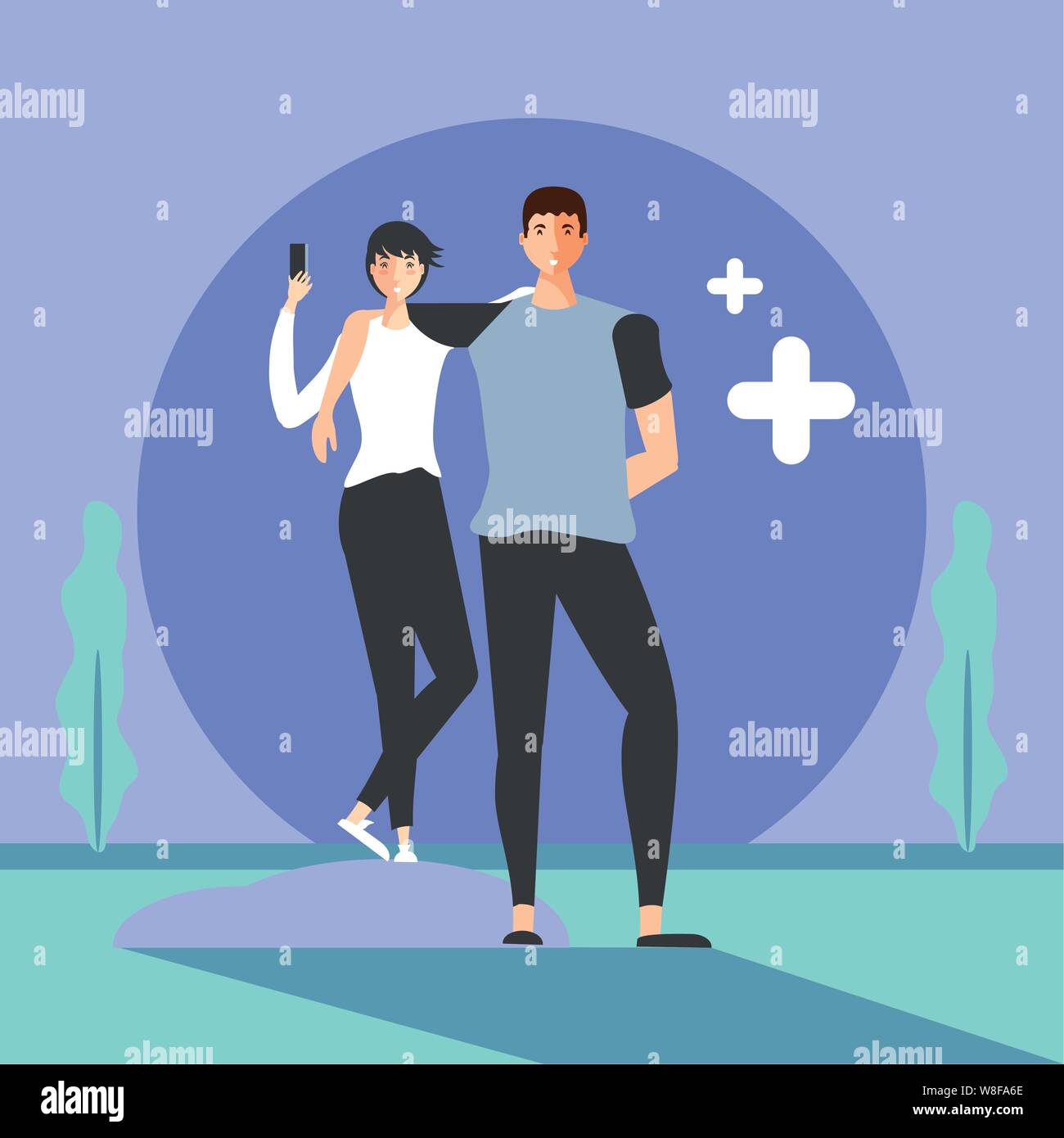young couple with smartphone in landscape vector illustration design Stock Vector