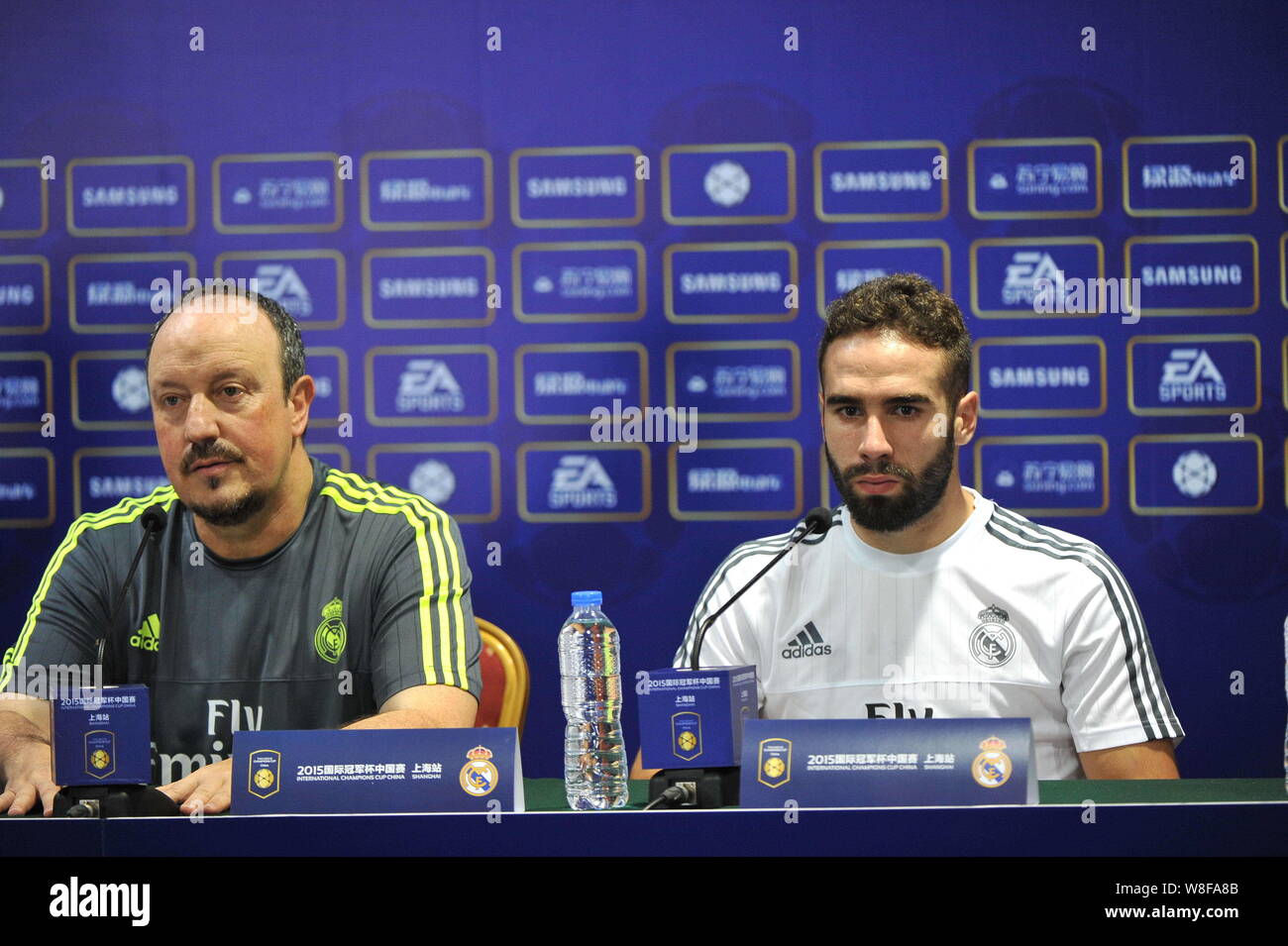 Head coach Rafael Benitez, left, and Dani Carvajal of Real Madrid attend a press conference during the 2015 International Champions Cup China in Shang Stock Photo - Alamy