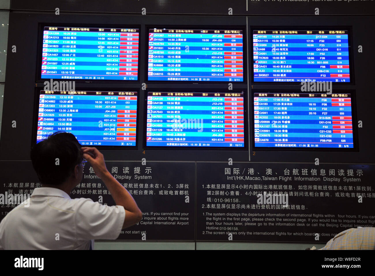 --FILE--A Chinese passenger looks at a display showing departure information of flights most of which are canceled or delayed due to a severe thunders Stock Photo