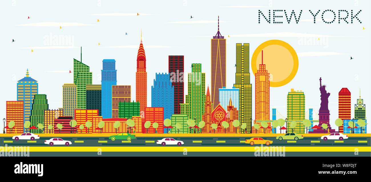 New York USA City Skyline with Color Skyscrapers and Blue Sky. Vector ...