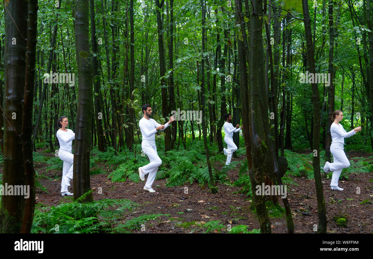 Edinburgh, Scotland, UK. 9 August 2019. Trisha Brown: In Plain Site reconceives some of the US choreographer’s most striking short dance pieces in dynamic relationships with the enchanting landscape of Jupiter Artland — on floating rafts in Charles Jencks’ lakes, in its rich woodlands and sculpted landforms.Credit; Iain Masterton/Alamy Live News Stock Photo