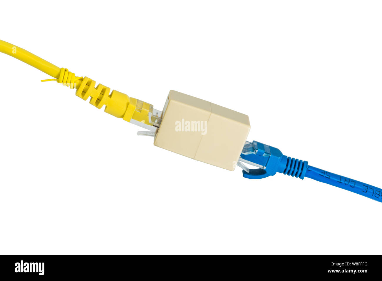 Blue and Yellow Cat5e cables plug RJ45 cable extender on a
