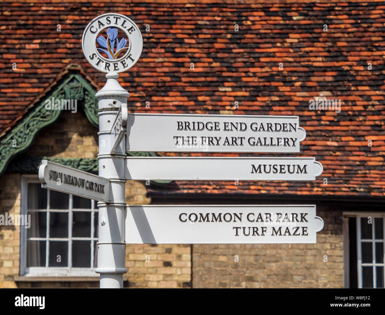 Saffron Walden - sign pointing to Tourist Attractions around the historic Essex town. Stock Photo
