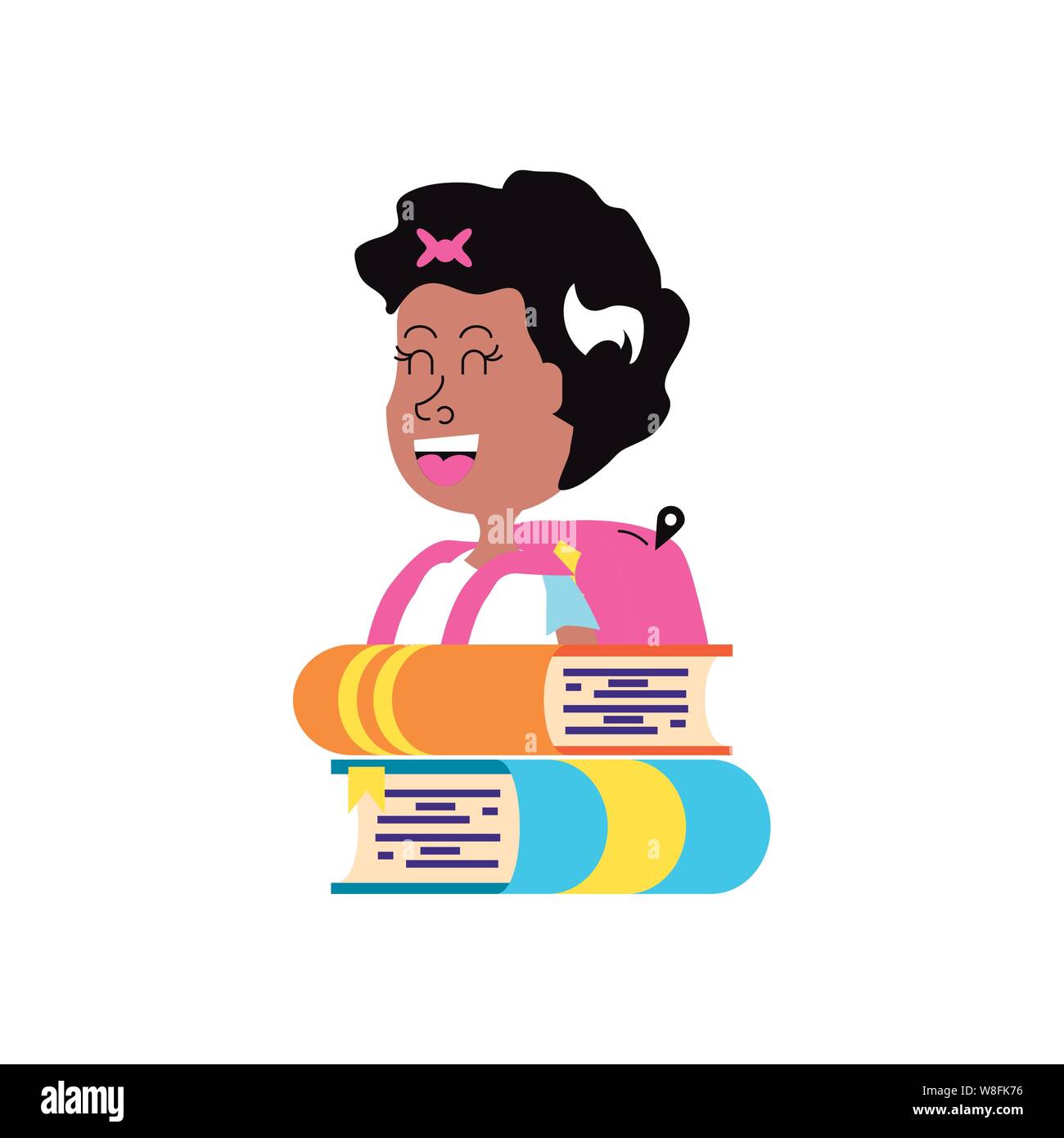 cute little student girl with school bag and stack books vector ...