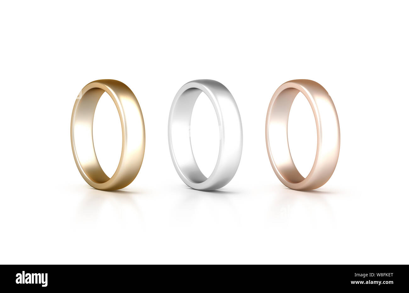 Rings set stand isolated, golden, silver, pink gold jewelry, clipping path, 3d rendering. White gold wedding ciclet with micro scratches. Yellow, siller and rose gift metal circles. Stock Photo