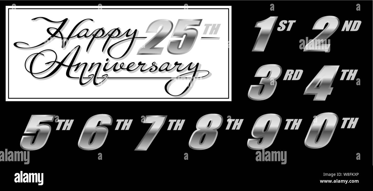 Set of handwritten calligraphy lettering Happy Anniversary with silver numbers Stock Vector
