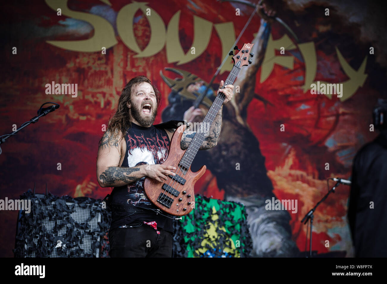 Soulfly perform live on stage at Bloodstock Open Air Festival, UK, 9th Aug, 2019. Stock Photo