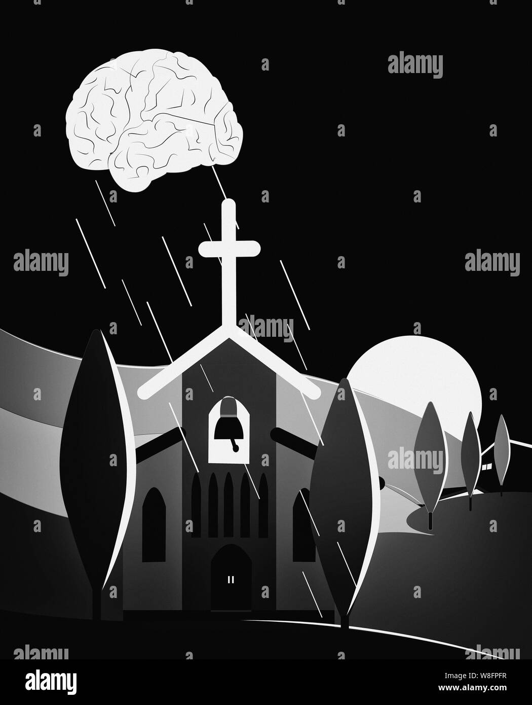 illustration of a cloud in form of a brain raining over the church in a Tuscany landscape, challenging the notion of religion Stock Photo