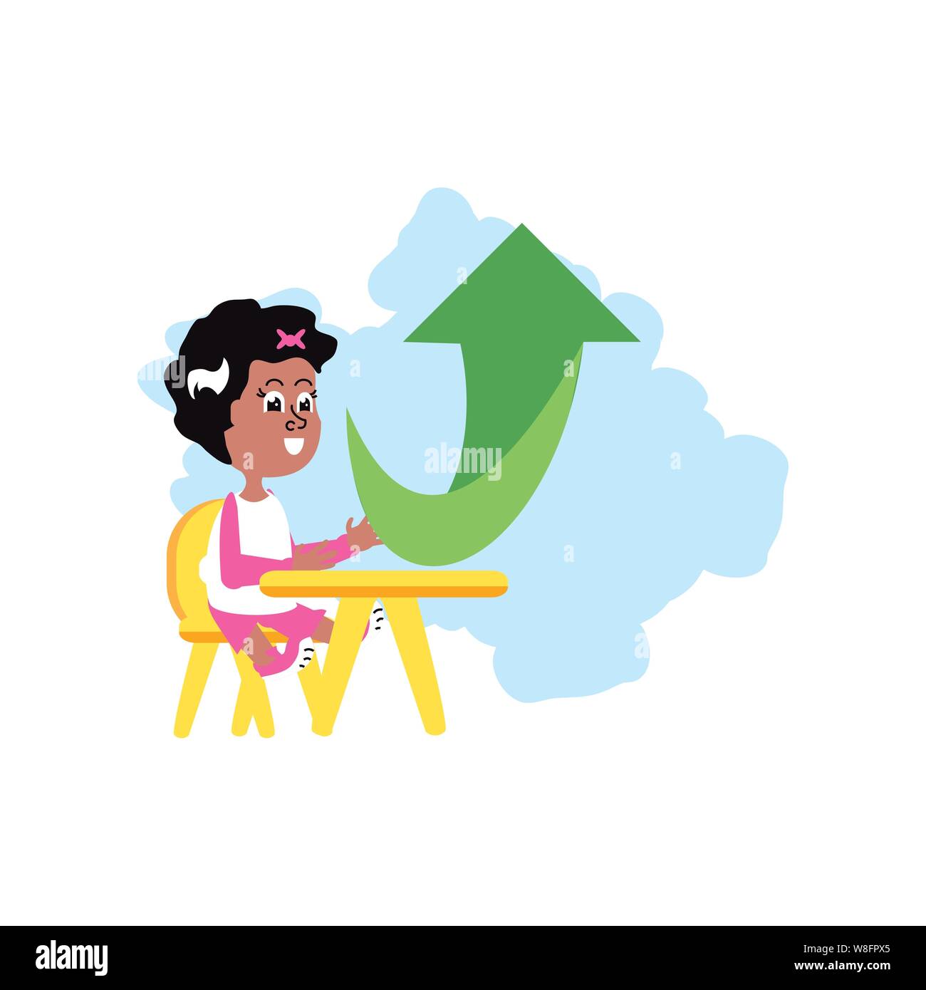 little student girl sitting in school desk with arrow vector ...
