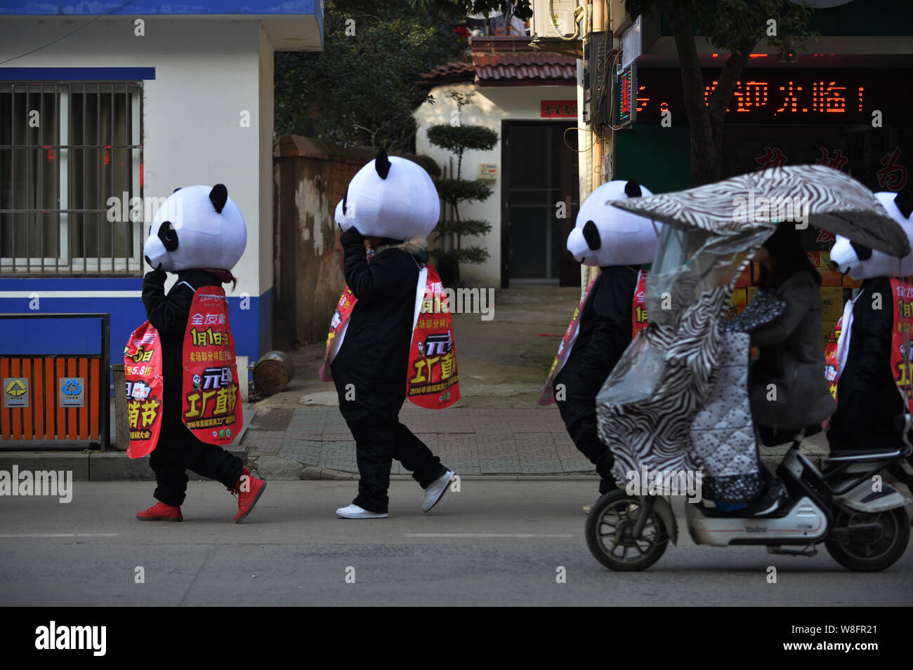 Chinese promoters of a merchant dressed in panda costumes in the street to welcome New Year in Xuancheng city, east China's Anhui province, 29 Decembe Stock Photo