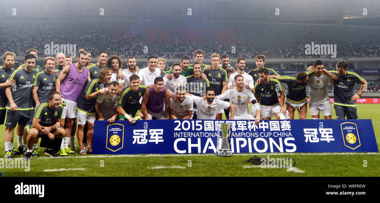 Players Of Real Madrid Pose For Photos With The Winner S Trophy After Defeating Ac Milan During The Shanghai Match Of The International Champions Cup Stock Photo Alamy
