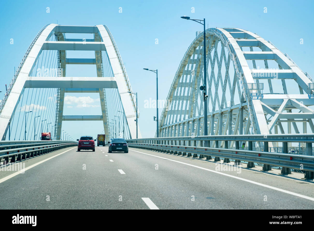 View of new Crimean bridge from the car Stock Photo