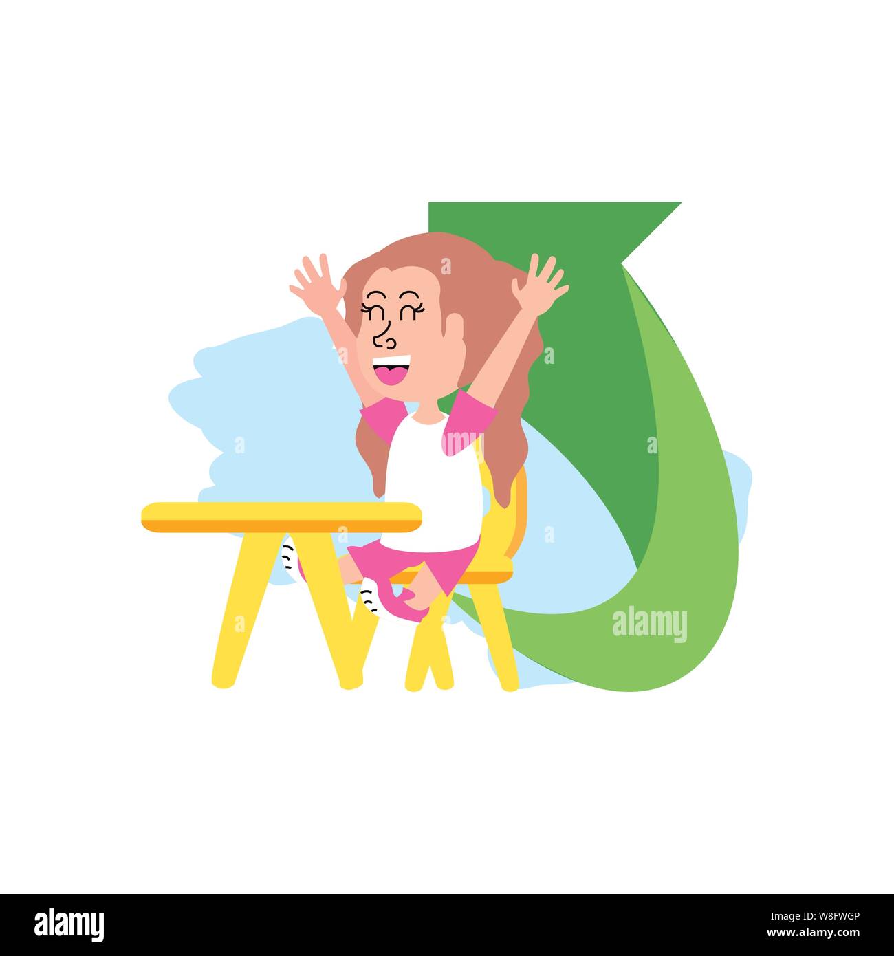 little student girl sitting in school desk with arrow vector ...